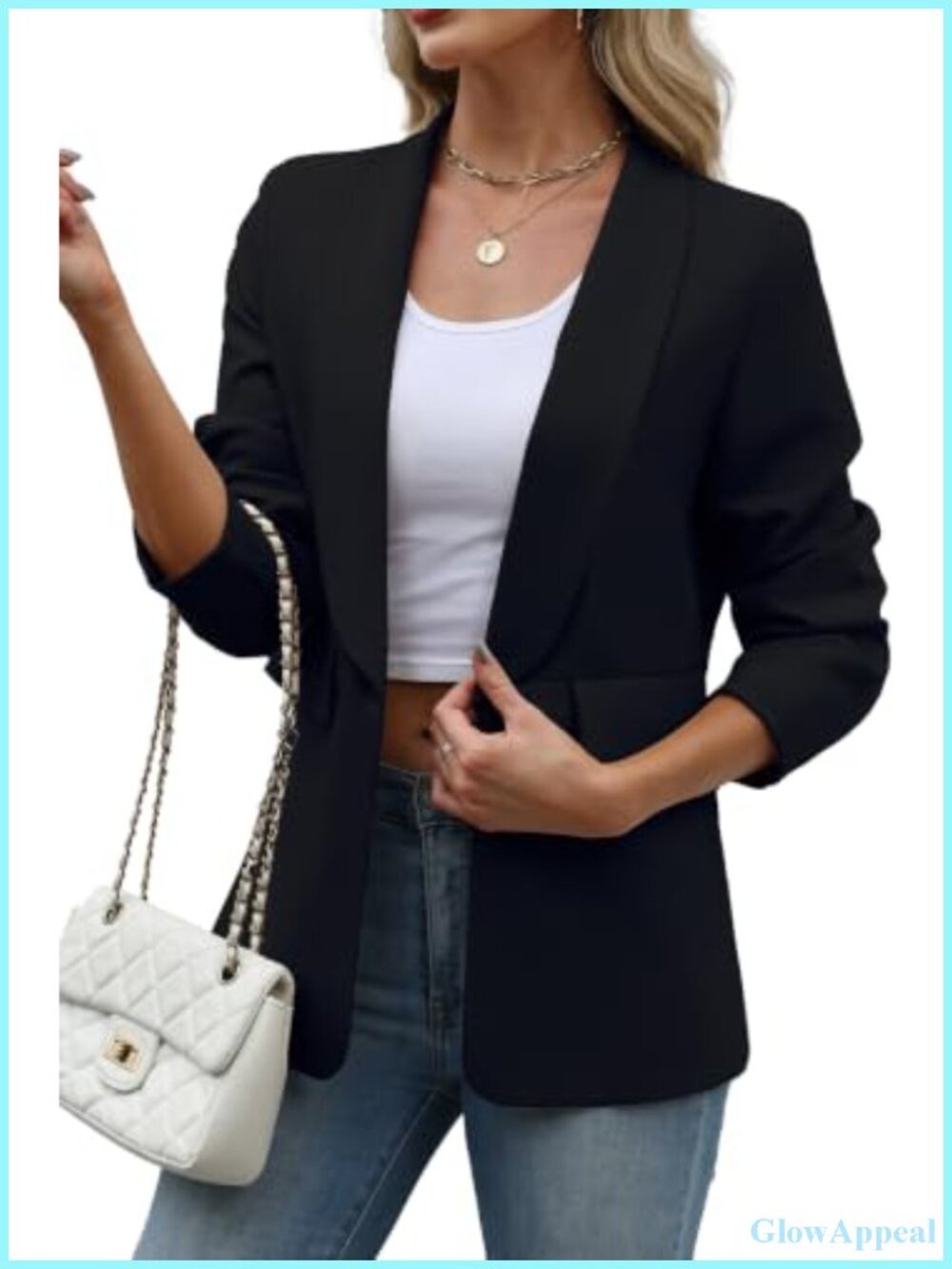Shawl Collar Open Front Business Casual Blazer with Padded Shoulders